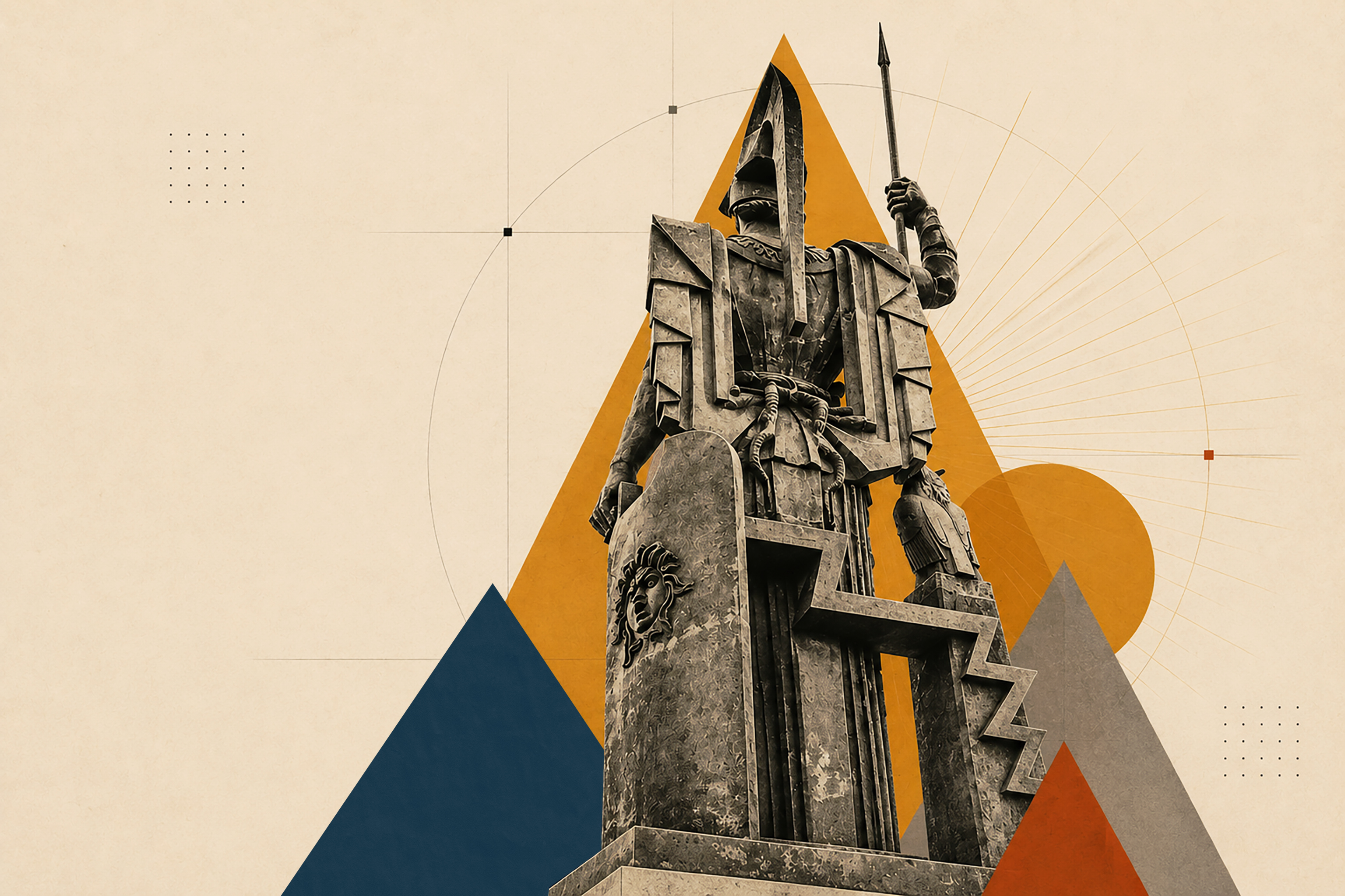 Sculptural armored figure with geometric triangle overlay on archival paper