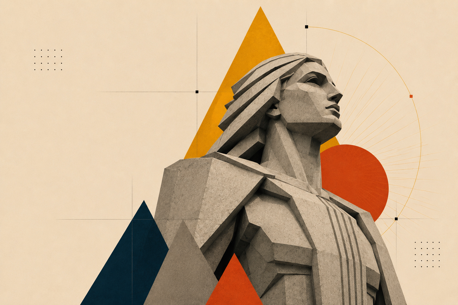 Sculptural profile figure with geometric triangle overlay on archival paper