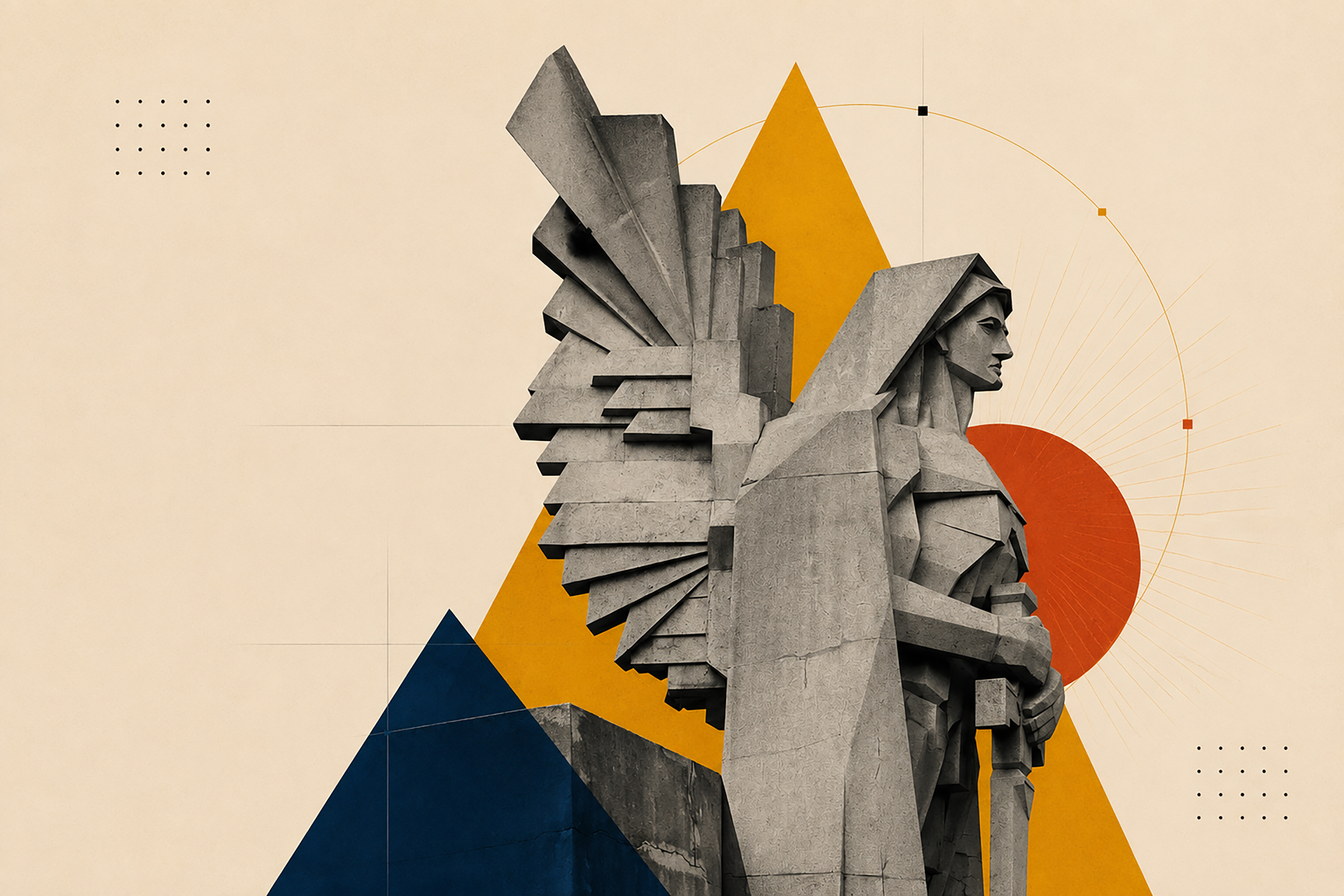 Sculptural winged figure with geometric triangle overlay on archival paper